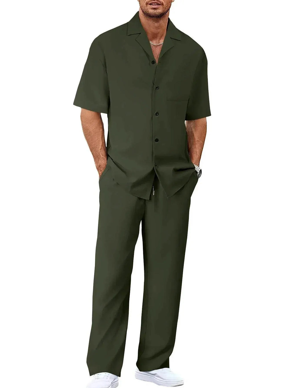 Men's green short sleeve button-up shirt and trousers two-piece set from ZA-Zola