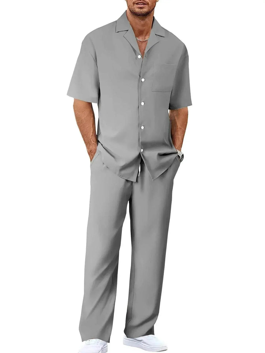 Men's grey summer shirt and trousers two-piece set from ZA-Zola, short sleeves, white buttons