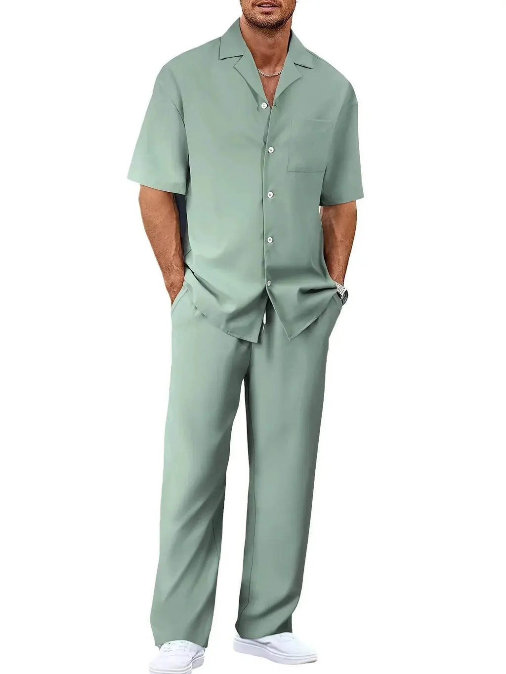 Men's summer sage green short sleeve shirt and trousers set from ZA-Zola