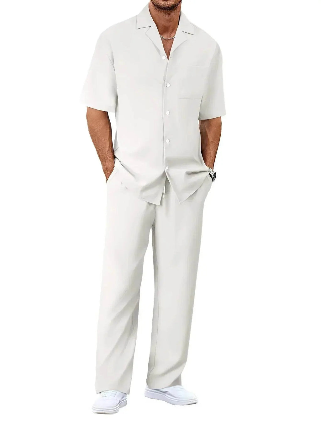 Men's summer white short-sleeve shirt and trousers set from ZA-Zola on model