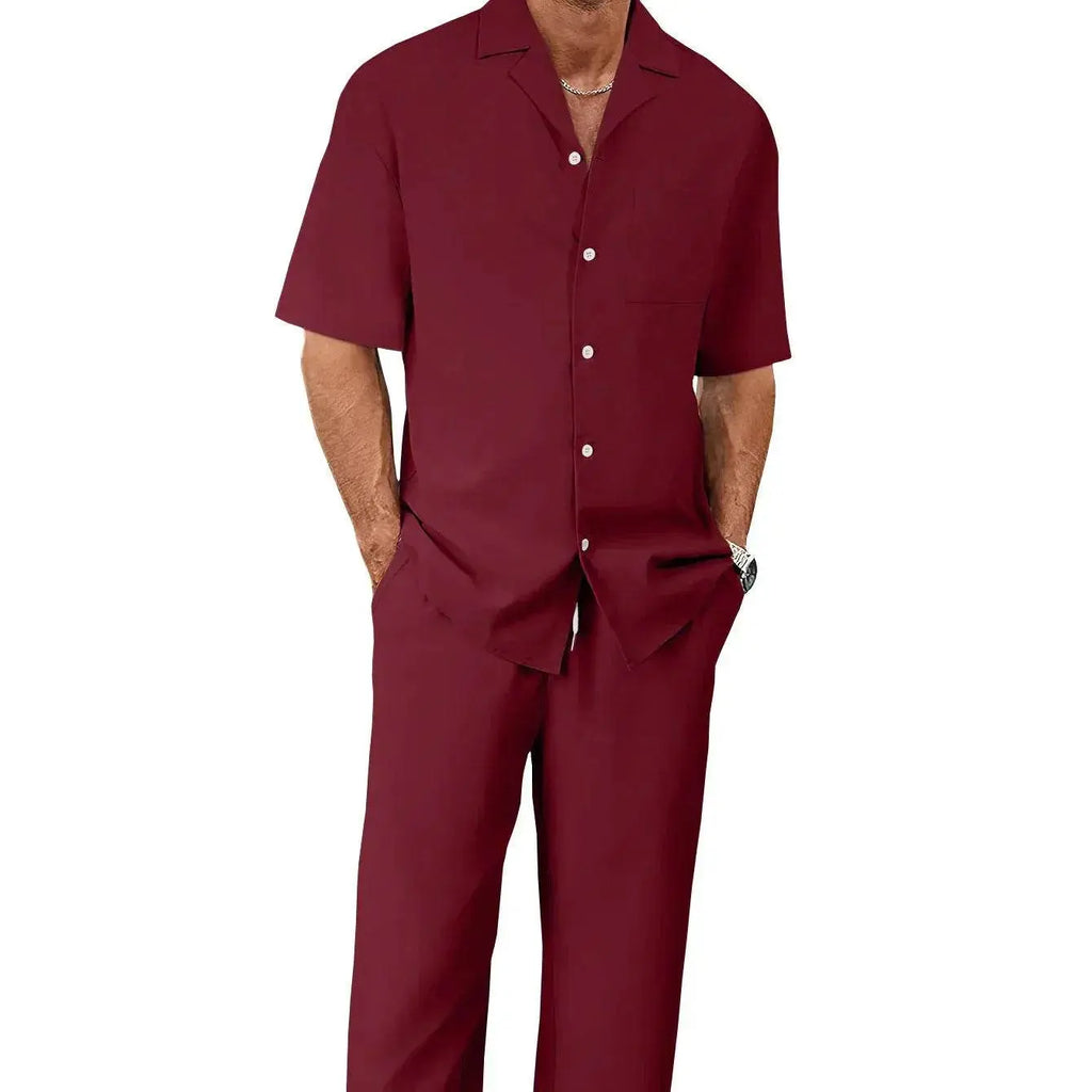 Men's burgundy summer shirt and trousers 2-piece set from ZA-Zola, short sleeves, button-up.