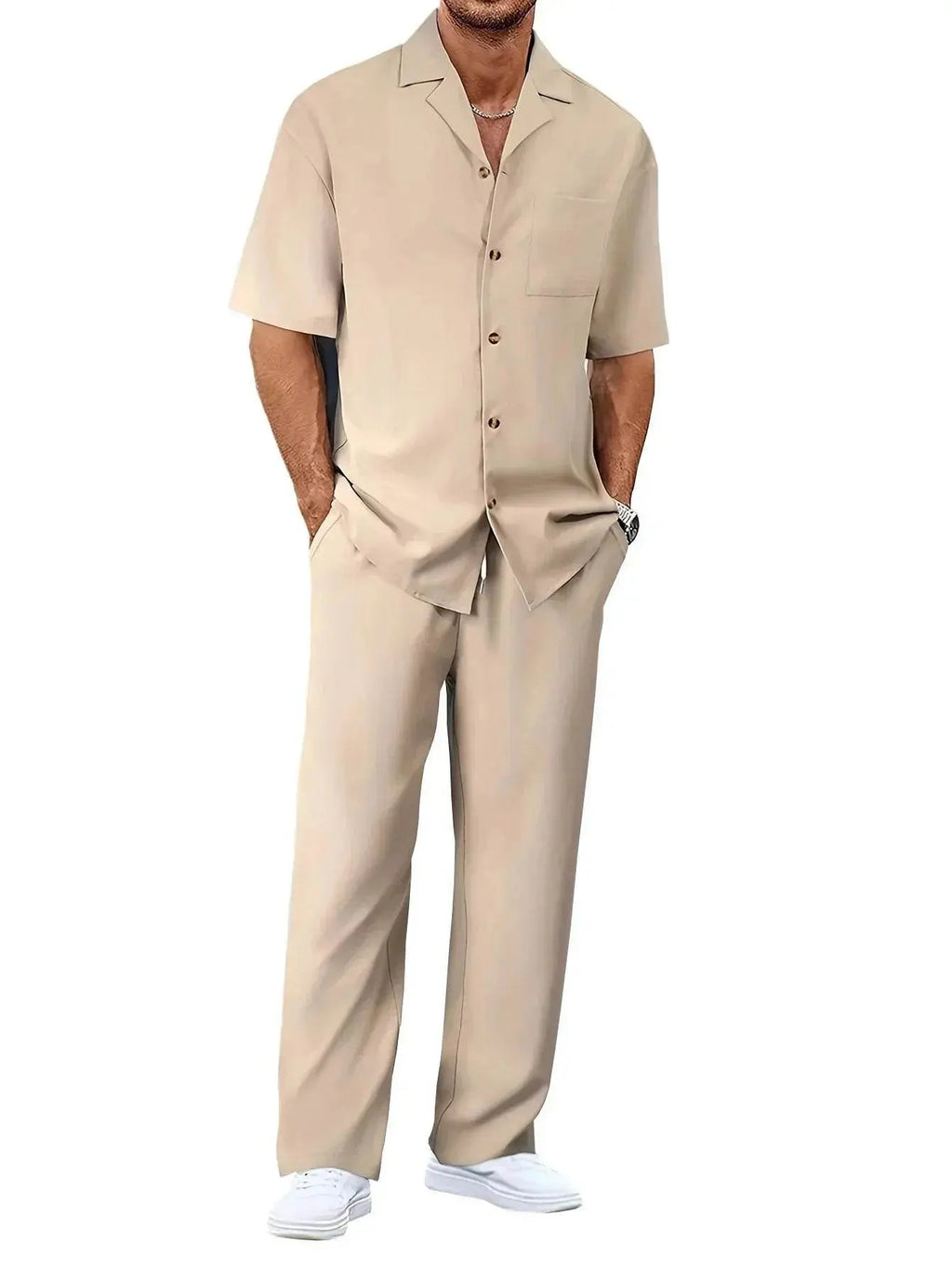 Men's beige summer short-sleeve shirt and trousers set from ZA-Zola UK, stylish casual outfit