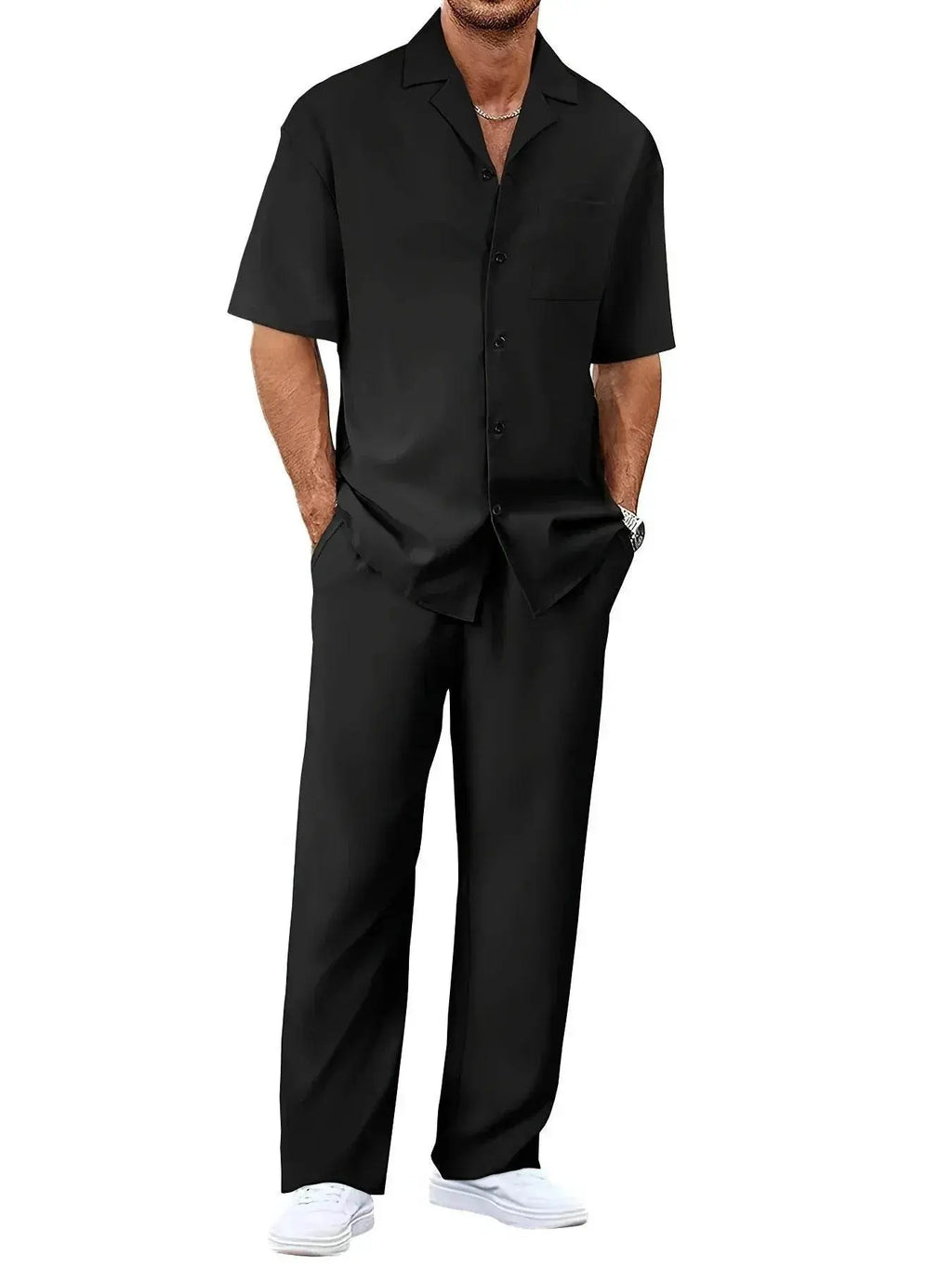 Men's black summer short sleeve shirt and trousers two-piece set from ZA-Zola