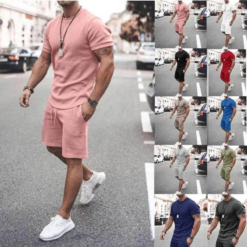 Men’s summer sportswear set from ZA-Zola, featuring tee and shorts in multiple colors.