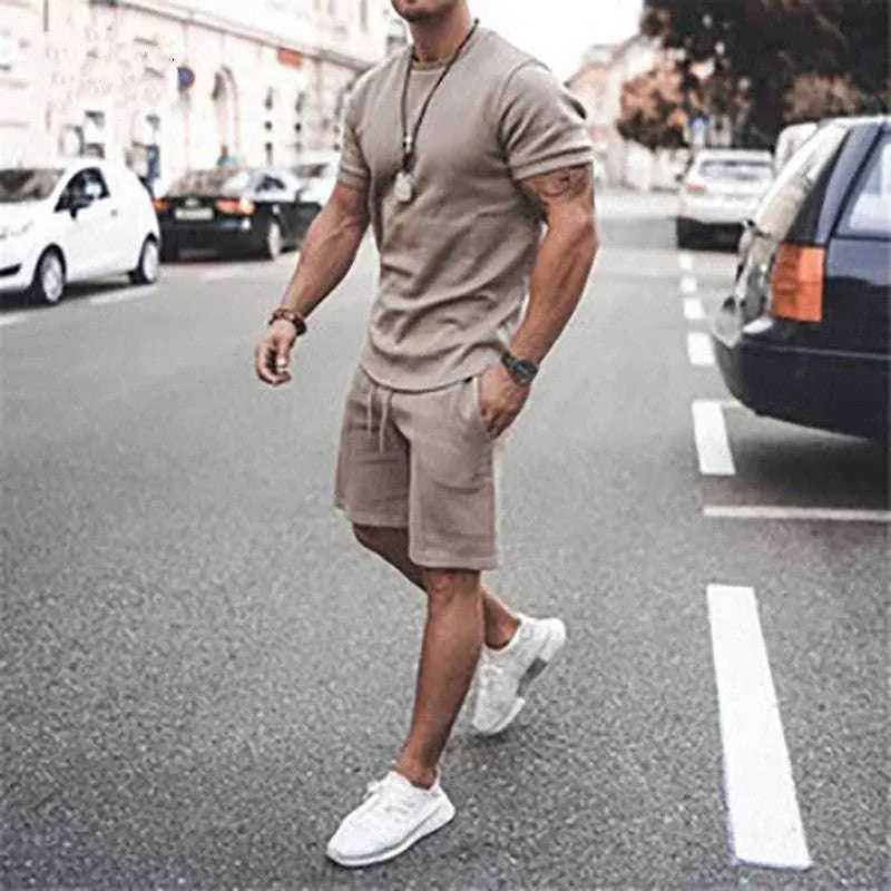 Men's beige summer sportswear set with tee and shorts from ZA-Zola, street style look