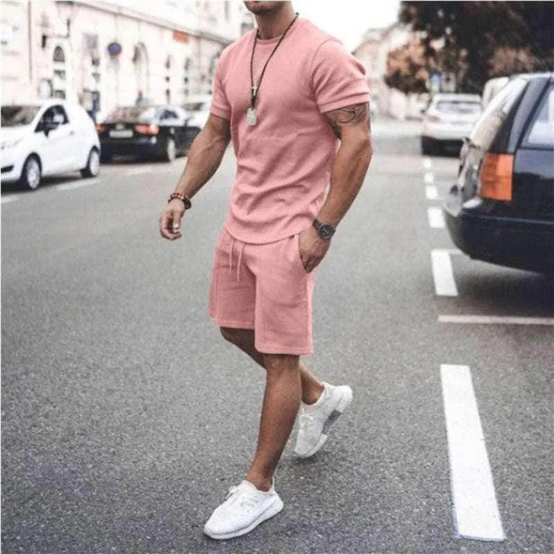 Men's summer sportswear set with pink tee and shorts from ZA-Zola, street style fashion