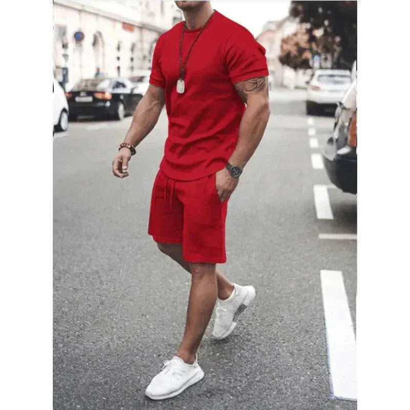 Men’s red summer sportswear set with tee and shorts from ZA-Zola, street style fashion