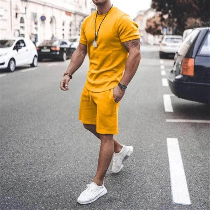 Men's yellow summer sportswear set with tee and shorts, streetwear style, ZA-Zola fashion