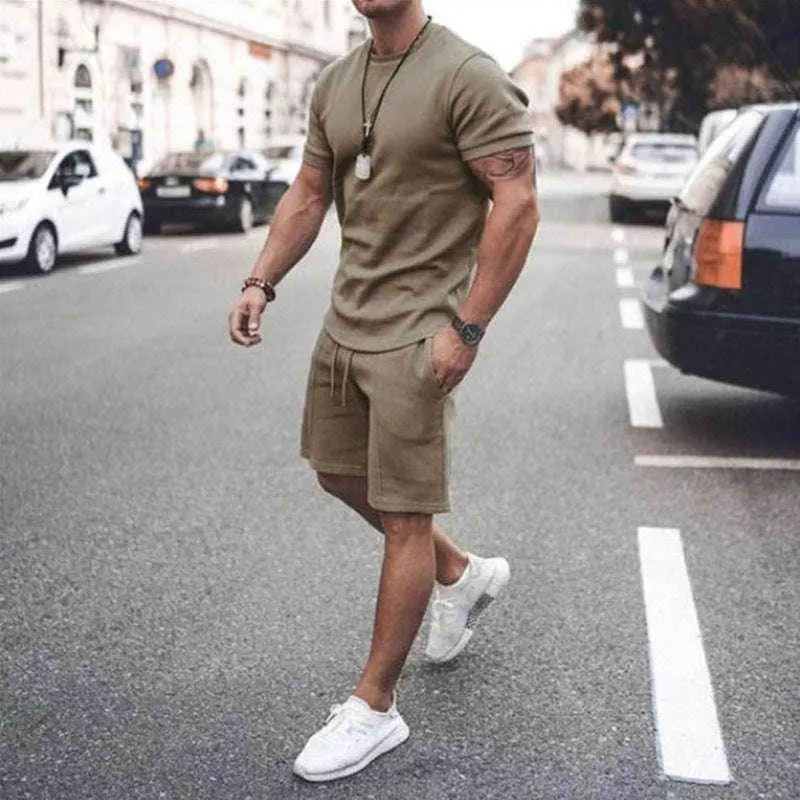 Man wearing khaki summer sportswear set with t-shirt and shorts from ZA-Zola UK