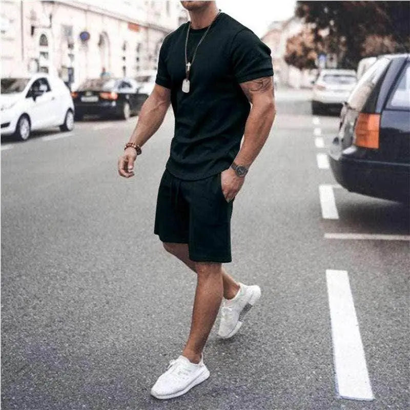 ZA-Zola men's summer sportswear set with black tee and shorts, street style