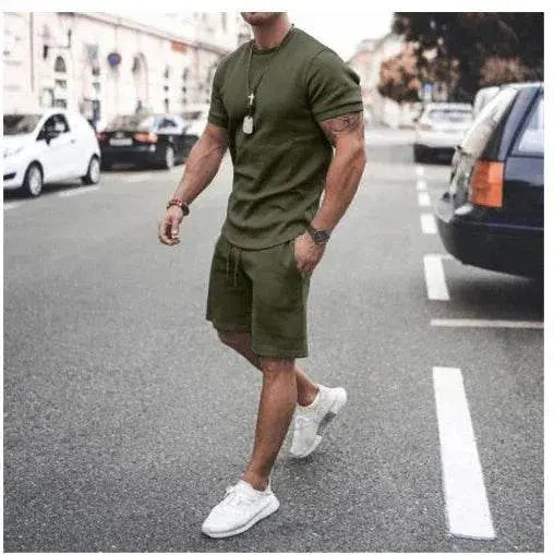 Men’s olive green summer sportswear set with tee and shorts, street style at ZA-Zola UK