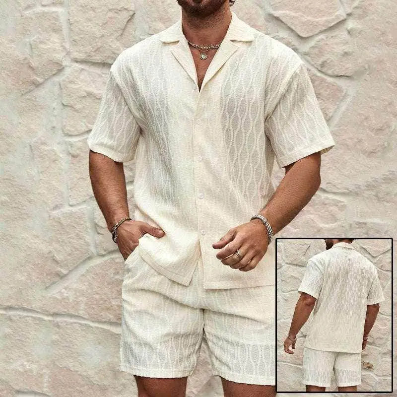 Men’s cream summer tracksuit shorts set with short-sleeve shirt from ZA-Zola UK