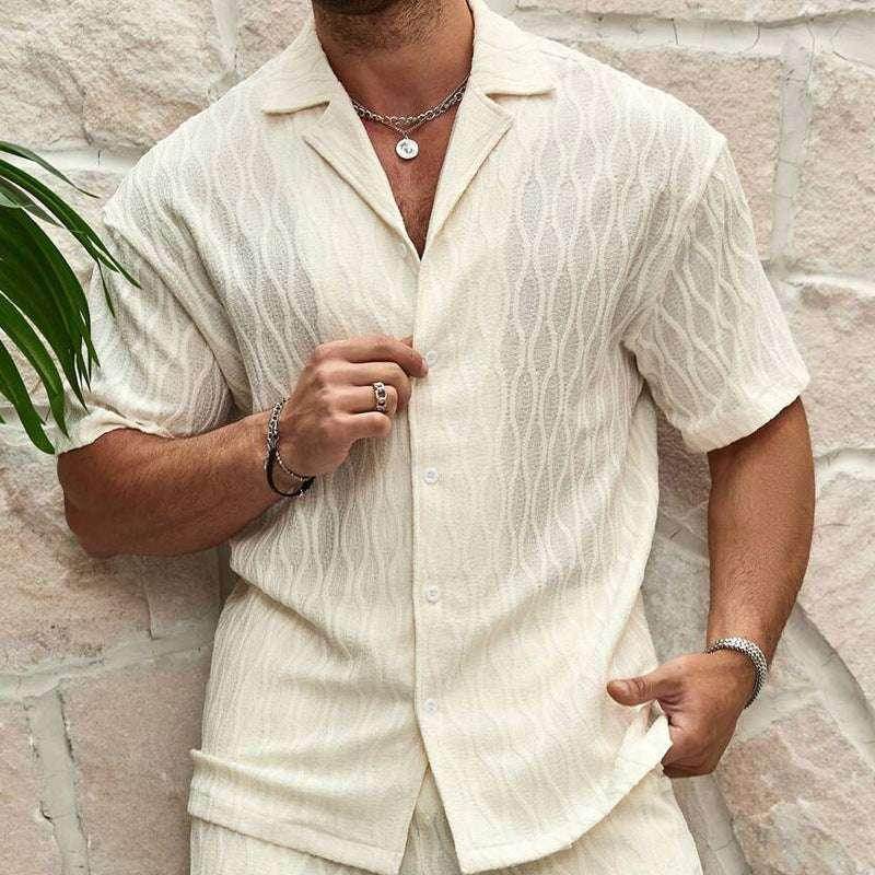 Men's cream summer tracksuit shirt and shorts set from ZA-Zola, stylish textured fabric.