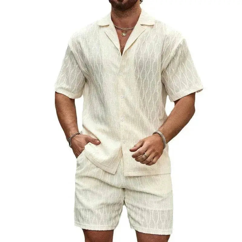 Men's summer tracksuit set with short-sleeve shirt and shorts in light beige, ZA-Zola fashion