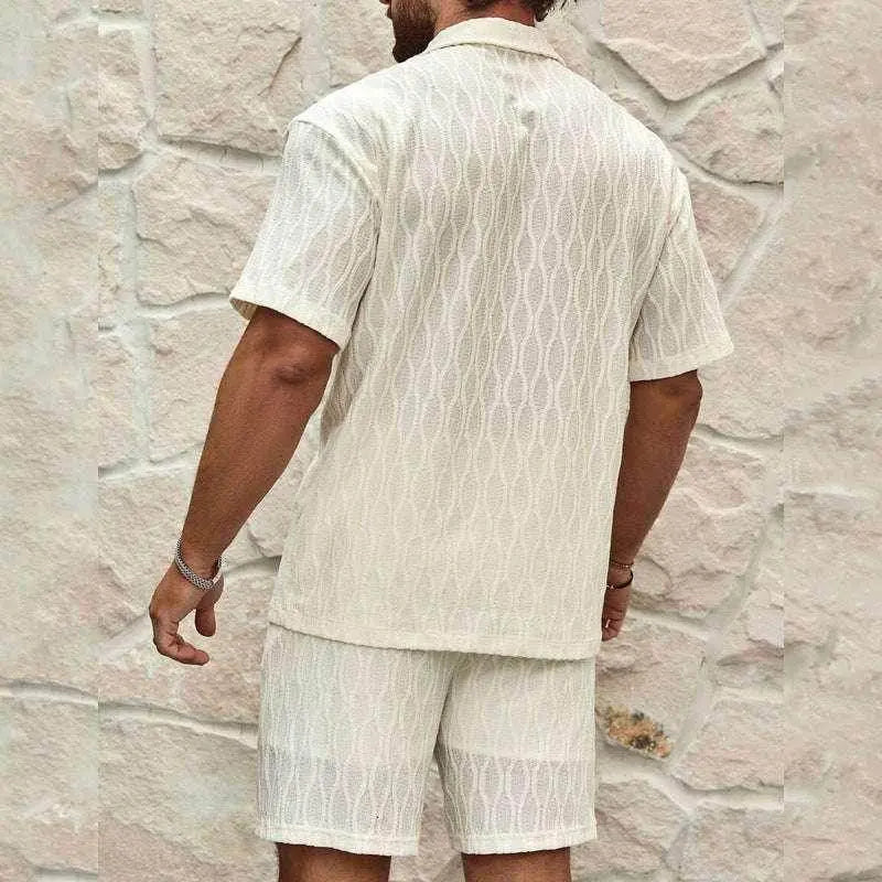 Men’s summer tracksuit set with matching cream short-sleeve shirt and shorts, ZA-Zola UK