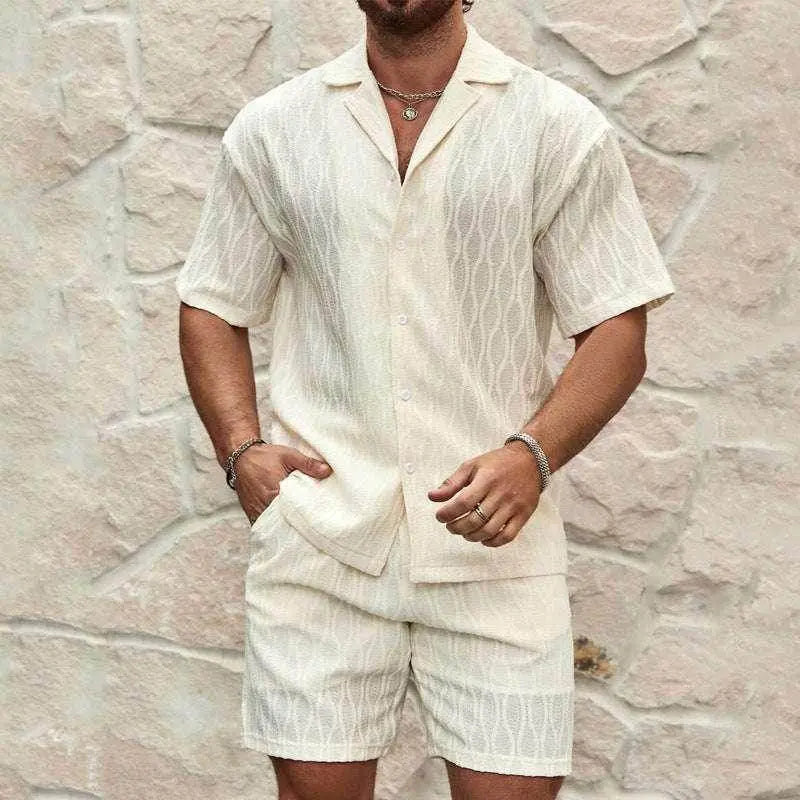 Men's cream summer tracksuit set with short sleeve shirt and shorts, ZA-Zola fashion