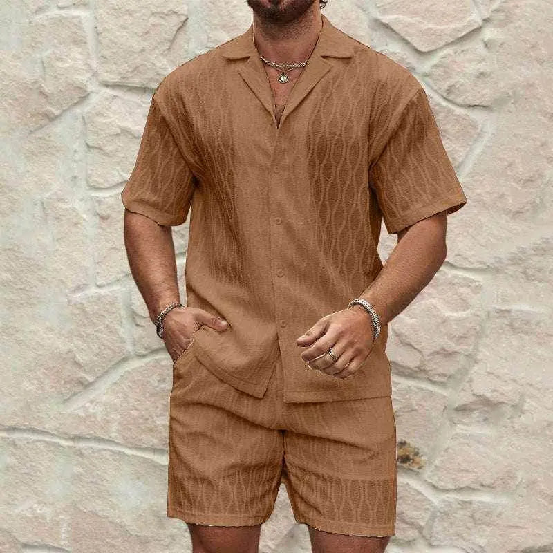 Men's brown summer tracksuit shirt and shorts set from ZA-Zola, casual outdoor look