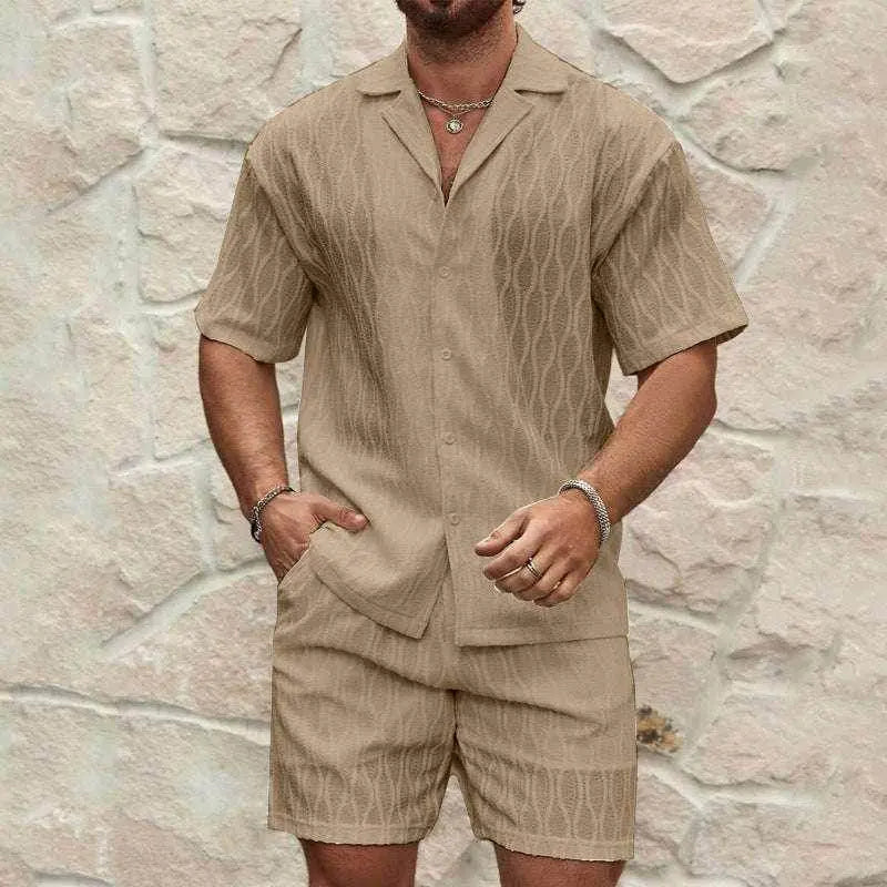 Men's beige summer tracksuit shirt and shorts set from ZA-Zola, casual lightweight outfit