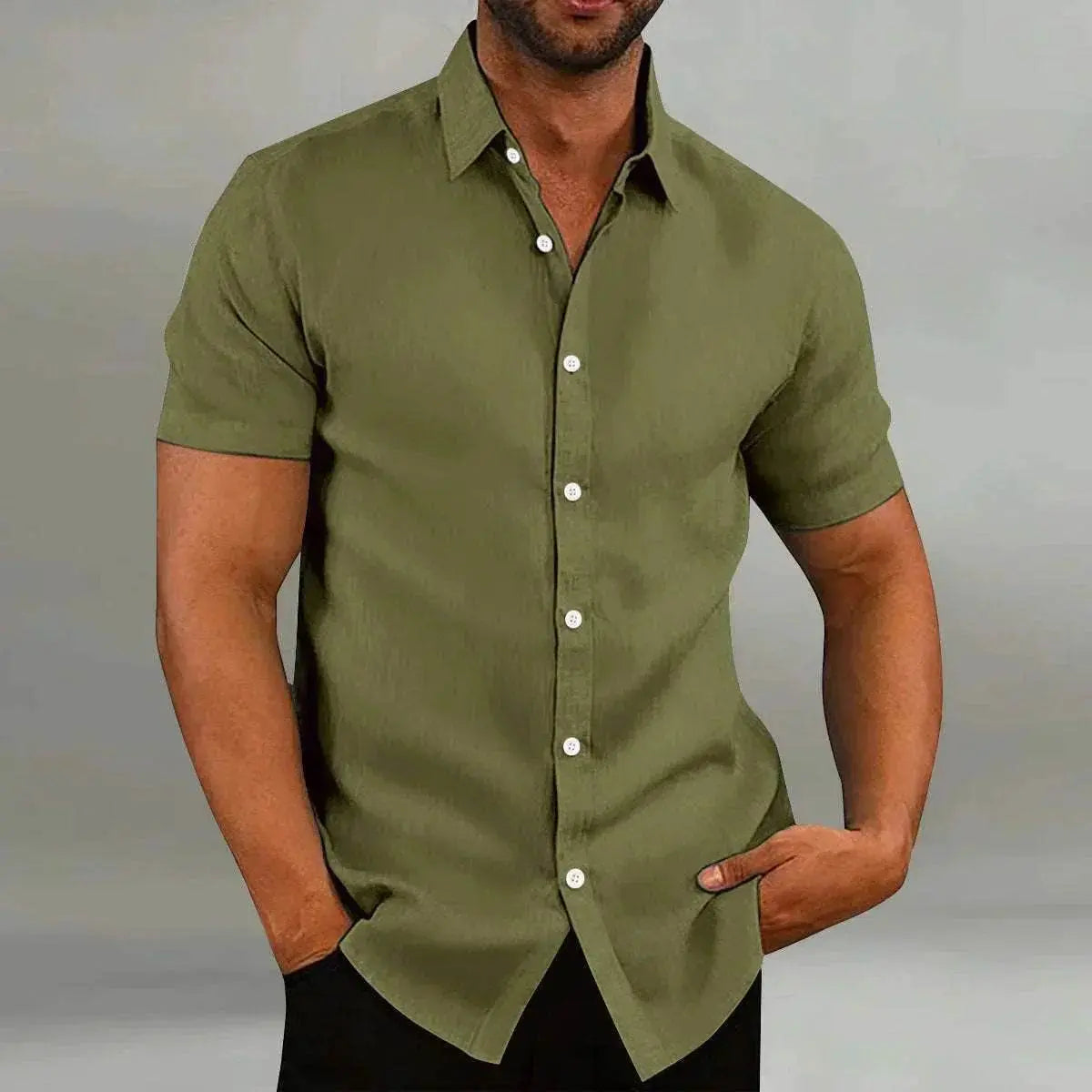 Men’s olive green vintage cotton linen short sleeve shirt from ZA-Zola, casual fit.