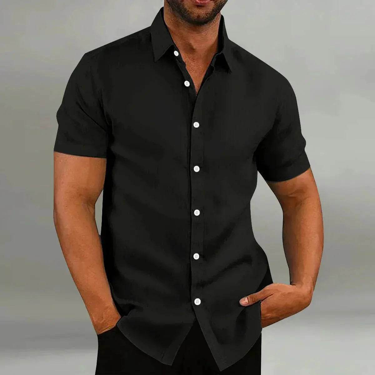 Men's vintage cotton linen loose black shirt with white buttons from ZA-Zola