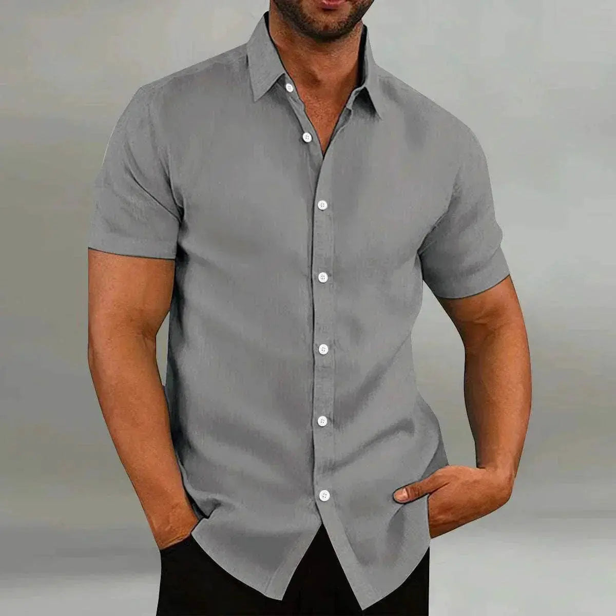 Men's vintage grey cotton linen loose shirt with short sleeves from ZA-Zola