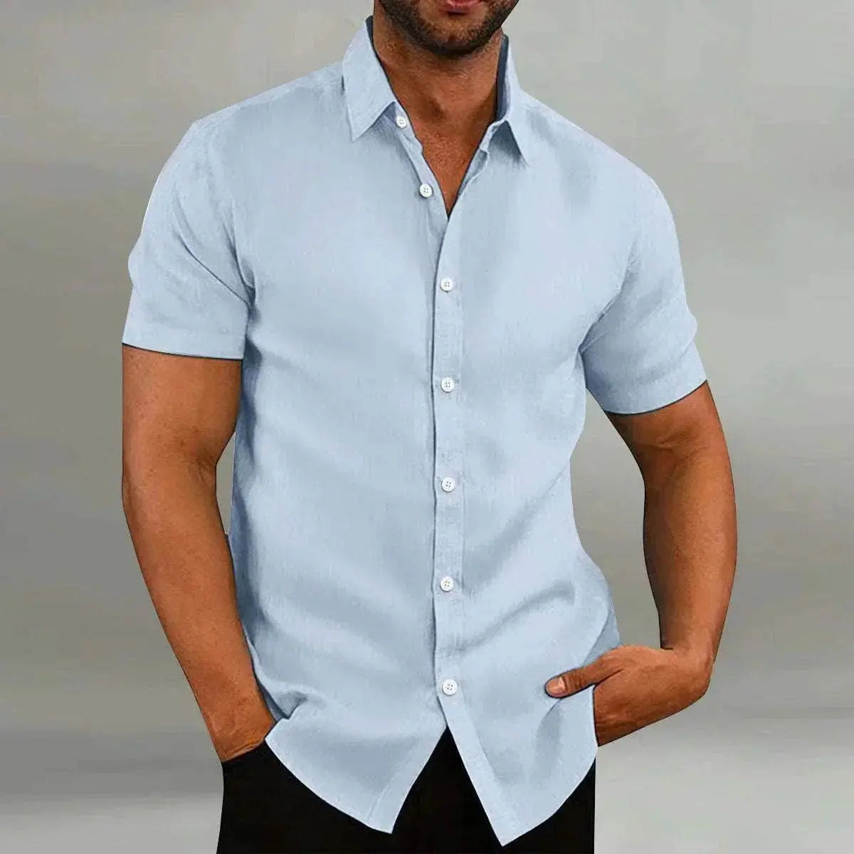 Men’s vintage light blue cotton linen short sleeve shirt, casual fit from ZA-Zola UK