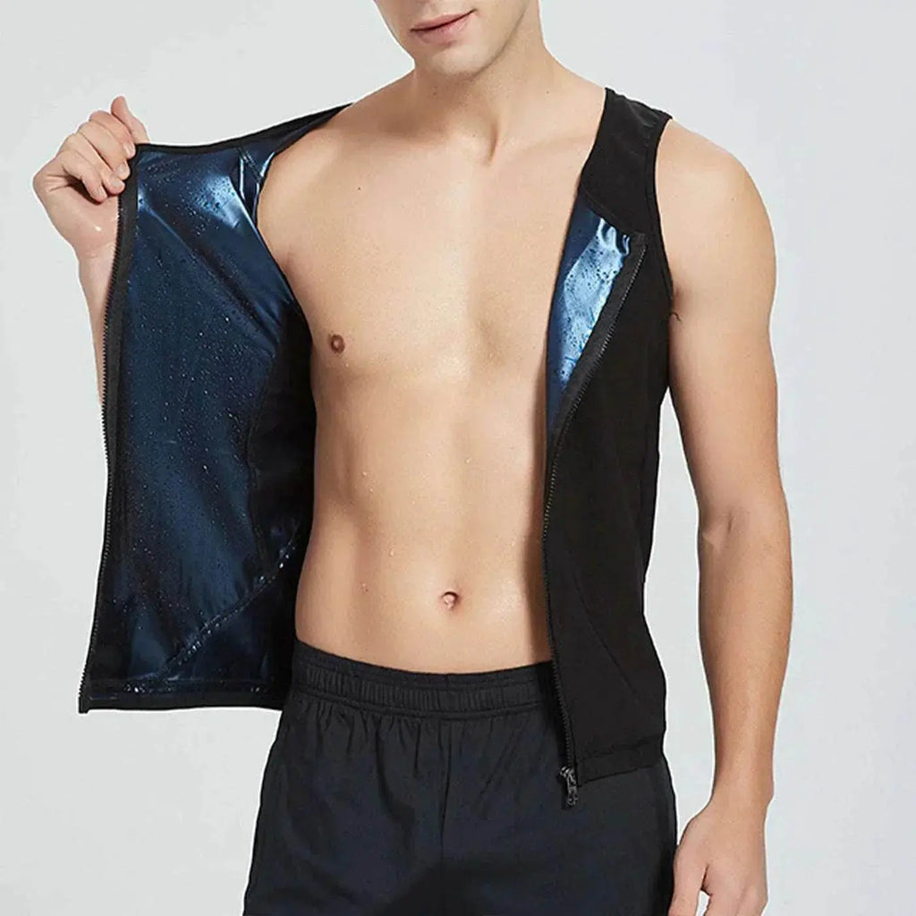 Man modeling black zip workout sweatshirt vest with shiny inner lining, activewear from ZA-Zola