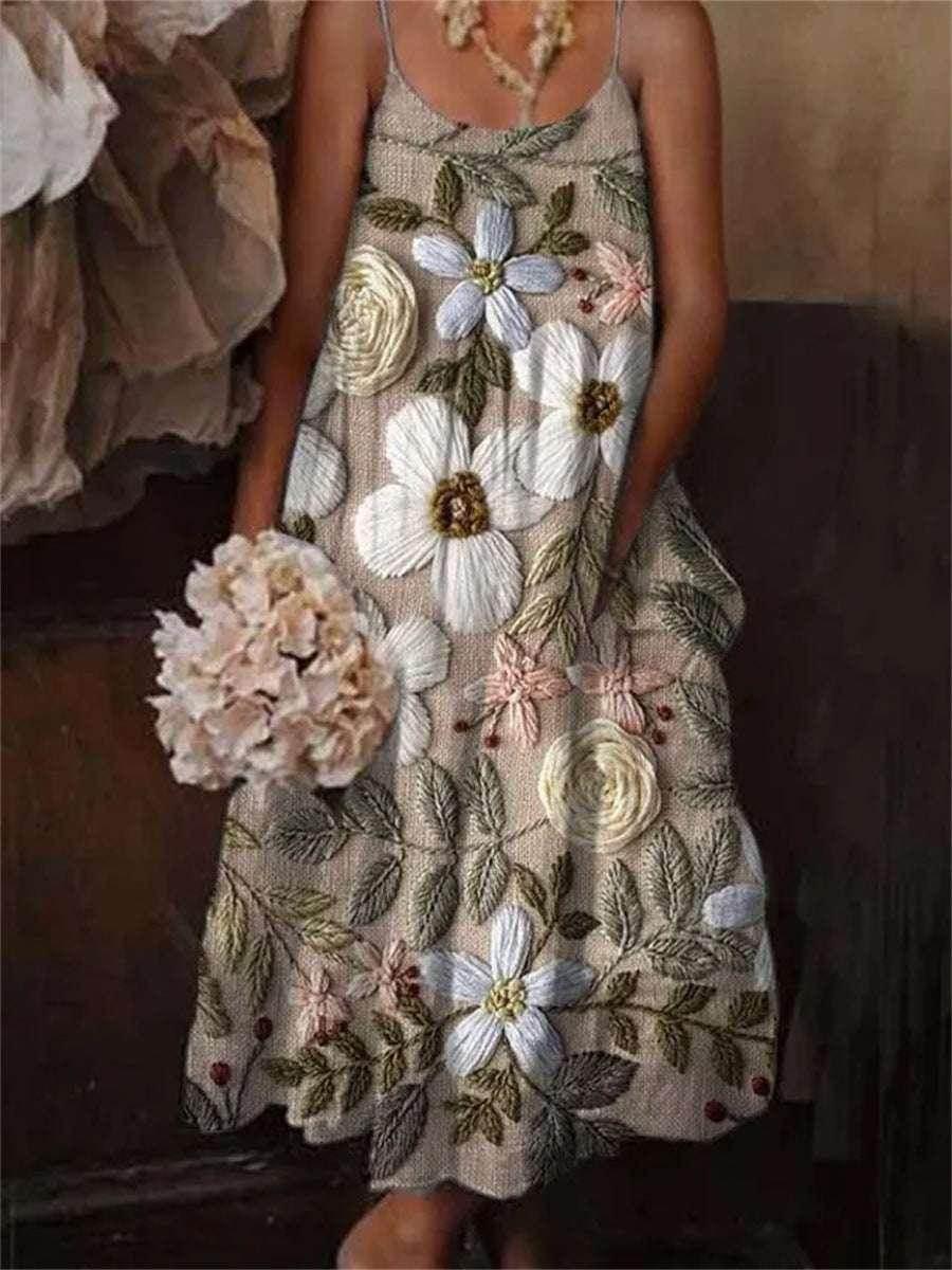Floral Art Print Holiday Dress – Long Sleeve Sling Style (S–5XL) - ZA-Zola