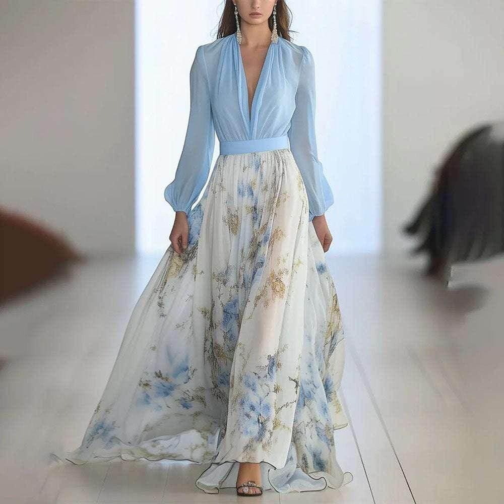 Floral Patchwork V-Neck Belted Maxi Dress - ZA-Zola