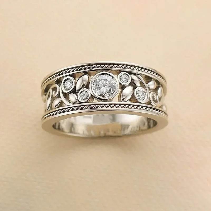 Retro Baroque Floral Wide Ring in White Gold Tone - ZA-Zola