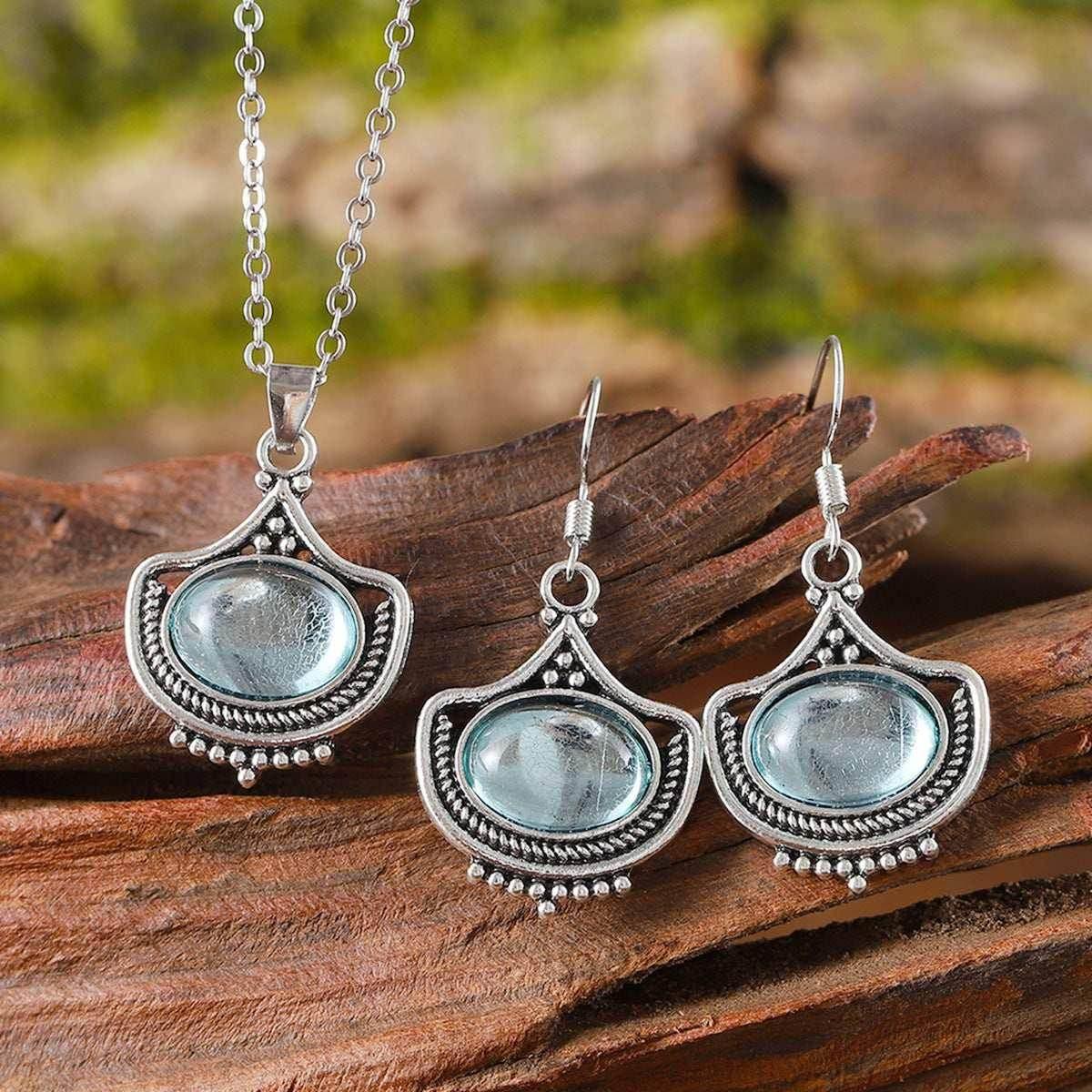 Vintage Blue Gem Necklace & Earrings Set - ZA-Zola