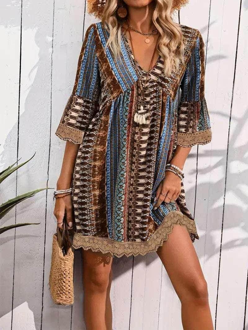 Boho V-Neck Loose Printed Beach Dress for Women - ZA-Zola