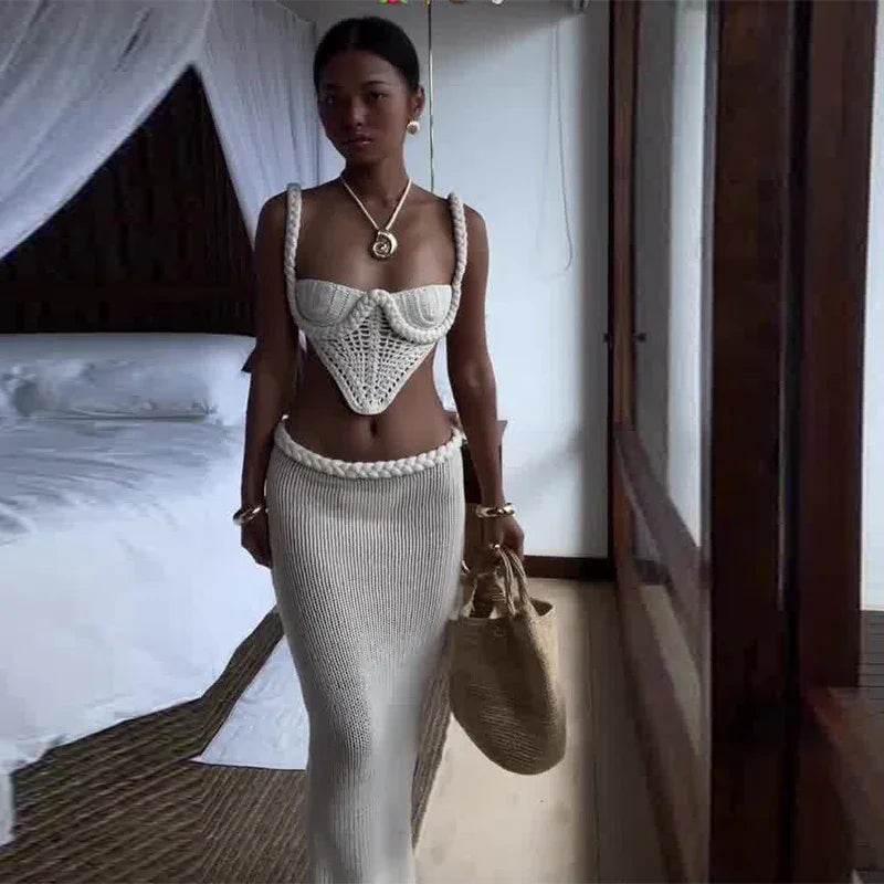 Y2K Crochet Knit 2pc Set – Low Waist Maxi Skirt - ZA-Zola