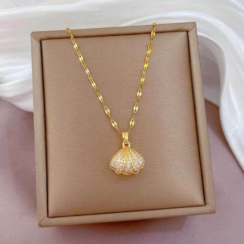 Shell Pearl & Rhinestone Titanium Necklace - ZA-Zola
