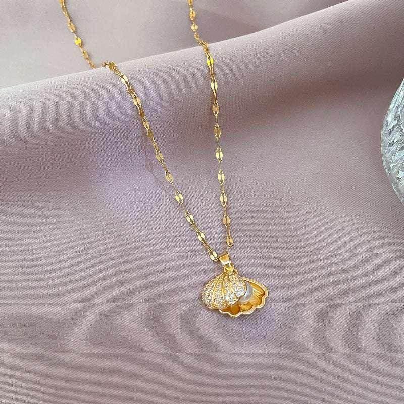 Shell Pearl & Rhinestone Titanium Necklace - ZA-Zola
