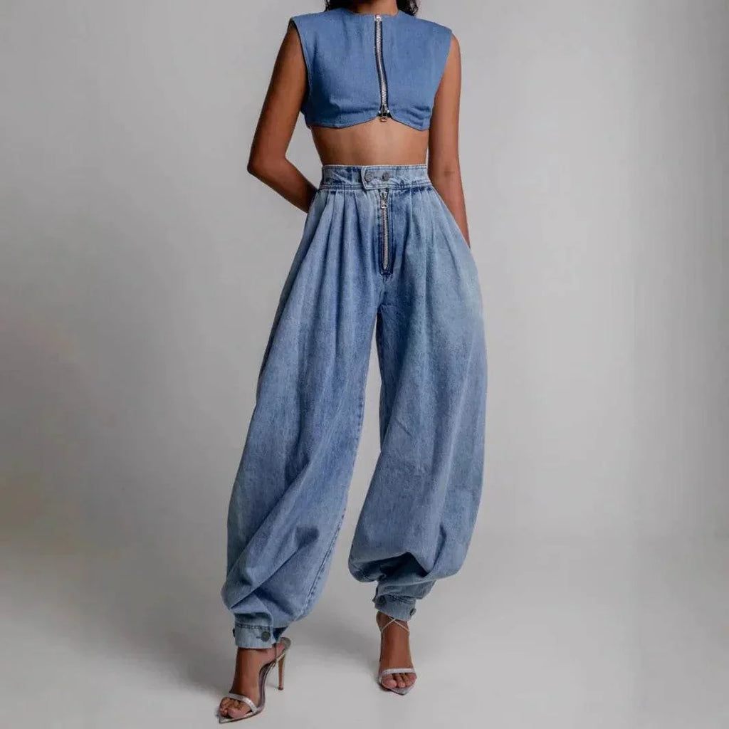 High Waist Zipper Denim Harem Shorts - ZA-Zola