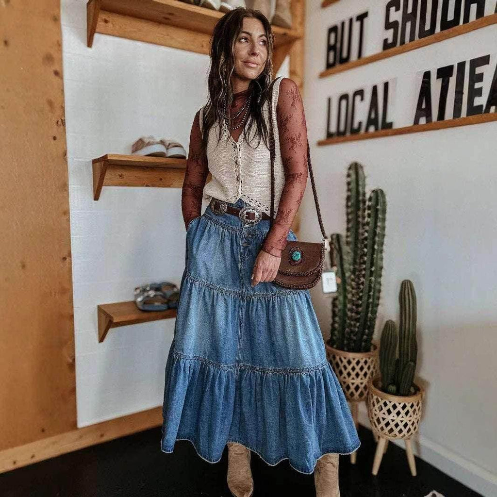 Bohemian A-Line Layered Denim Skirt - Street Hipster Style - ZA-Zola
