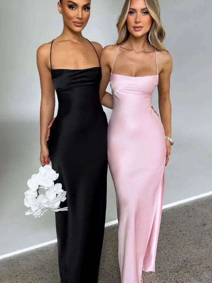 Premium Satin Sleeveless Backless Lace-Up Dress – Sultry Socialite Style - ZA-Zola