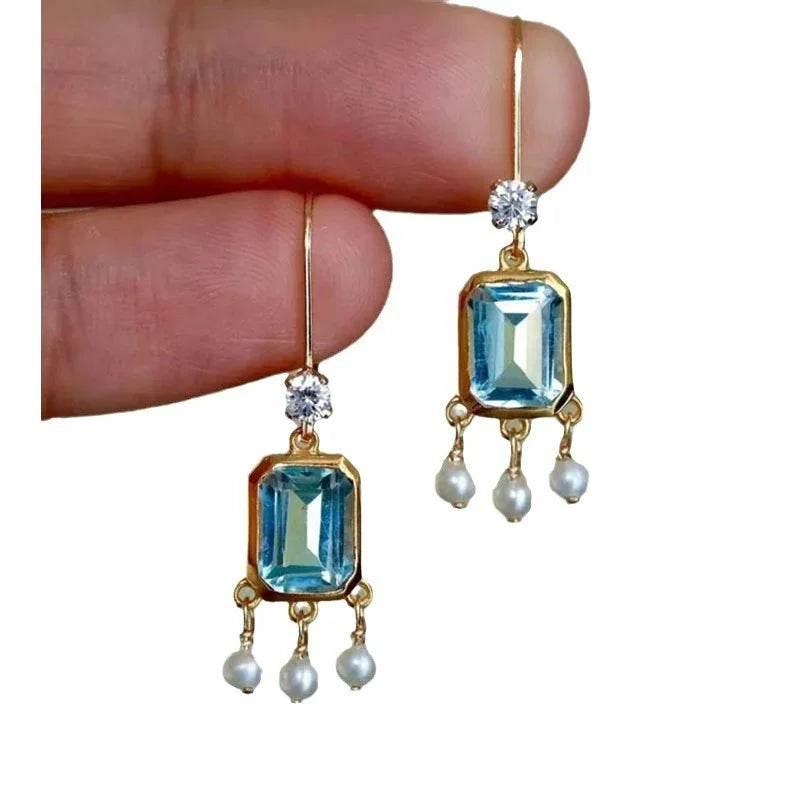 Small Chic Sea Blue Topaz Earrings – Retro Charm - ZA-Zola