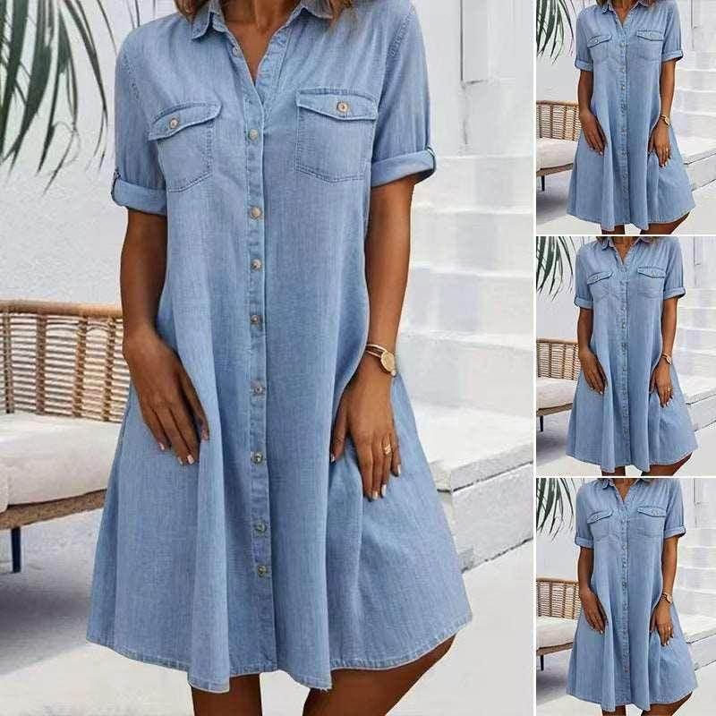 Women’s Loose Fit Denim Cotton Shirt Dress - ZA-Zola