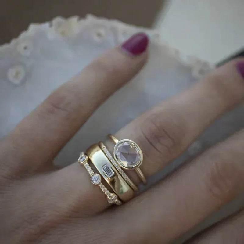 Gold Geometric Zirconia 4-Piece Ring Set - ZA-Zola