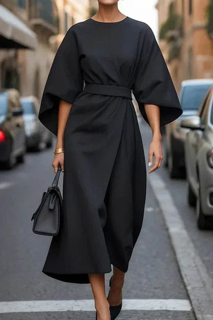 Loose Batwing Sleeve Waist-Tight Dress - ZA-Zola