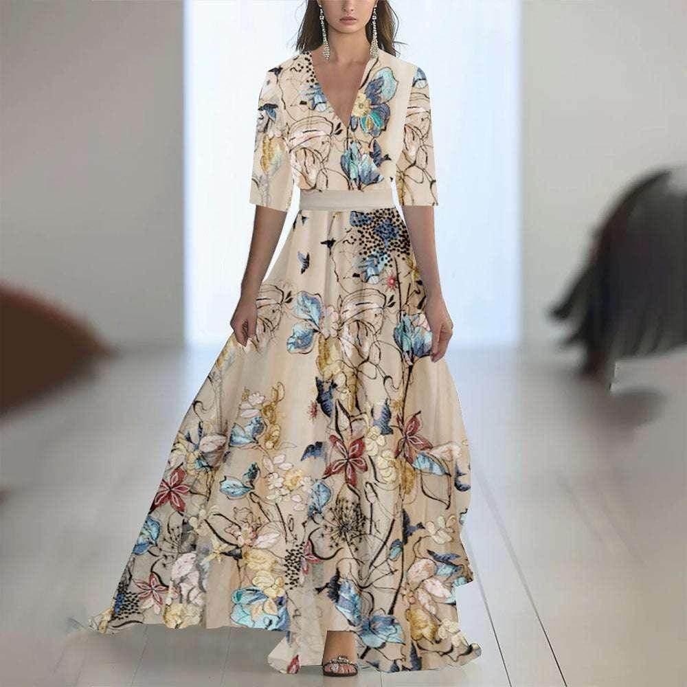 Floral Patchwork V-Neck Belted Maxi Dress - ZA-Zola