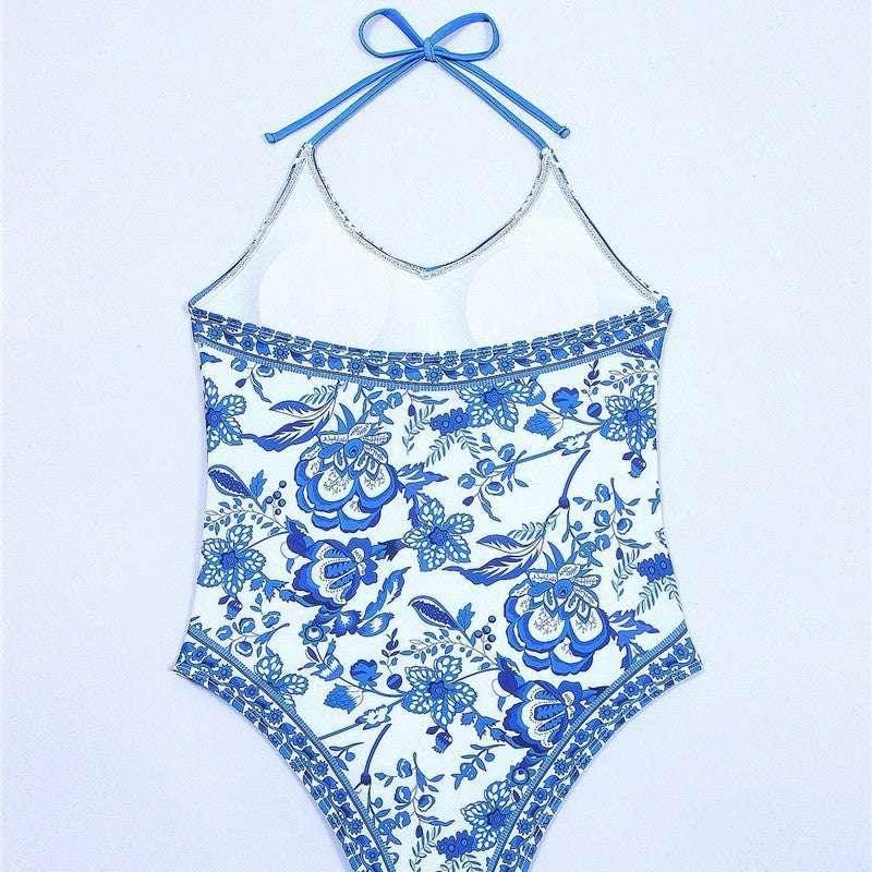 European American Floral Print Halter Backless Swimsuit - ZA-Zola