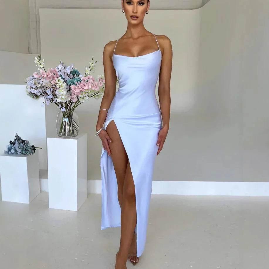 Premium Satin Sleeveless Backless Lace-Up Dress – Sultry Socialite Style - ZA-Zola