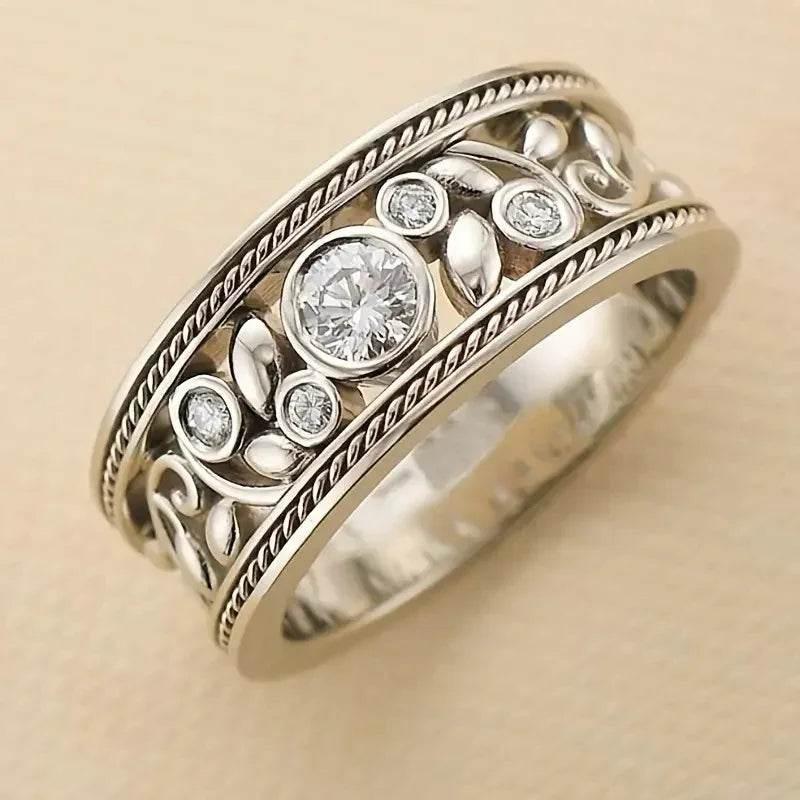 Retro Baroque Floral Wide Ring in White Gold Tone - ZA-Zola