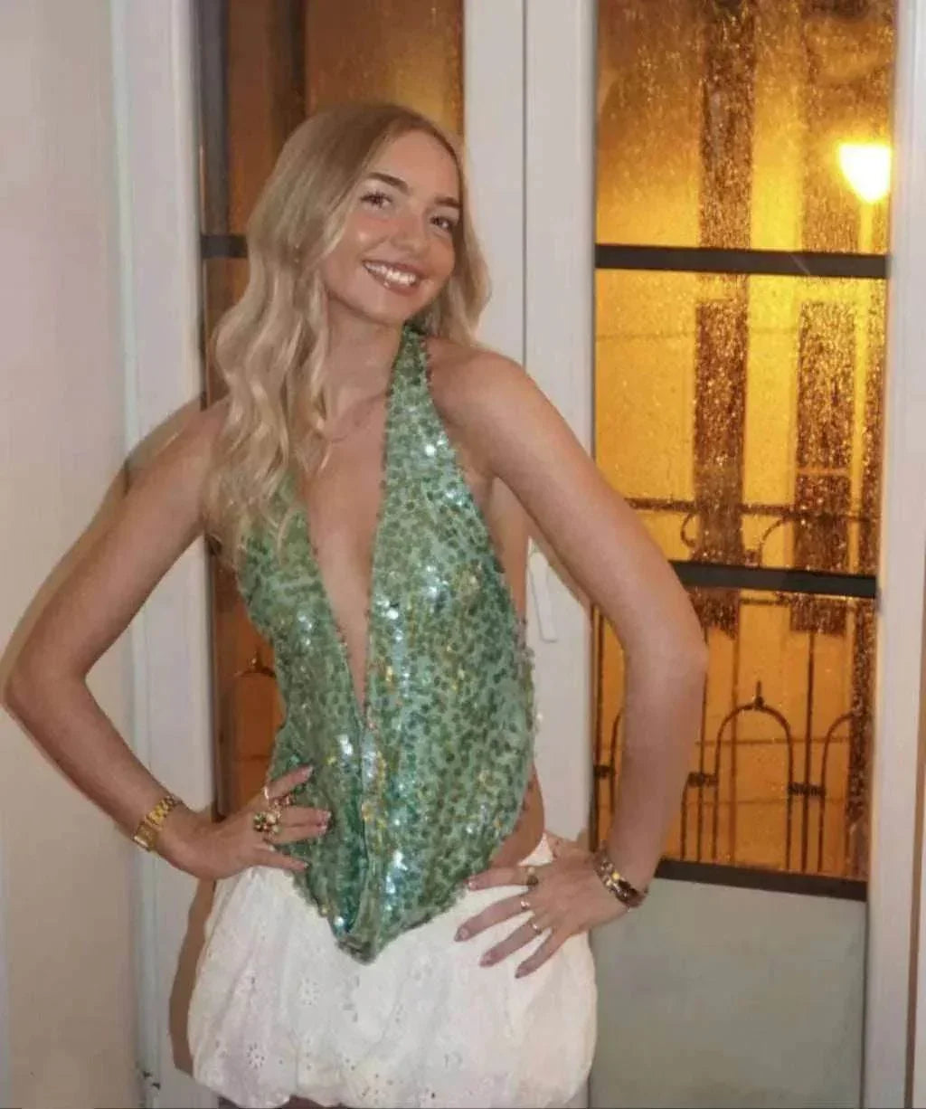 Sequin Halter Backless Vacation Party Top - ZA-Zola