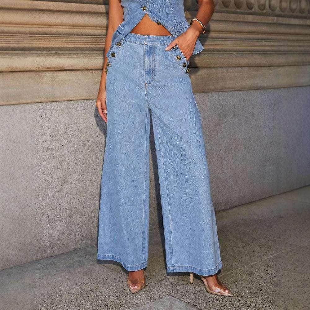 Woman modeling wide-leg high-waisted denim jeans and matching vest by ZA-Zola