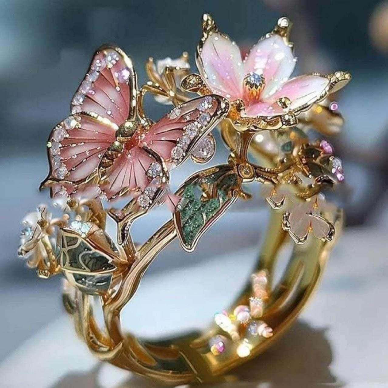 Butterfly Flower Ring | Rhinestone Open Band Jewelry - ZA-Zola