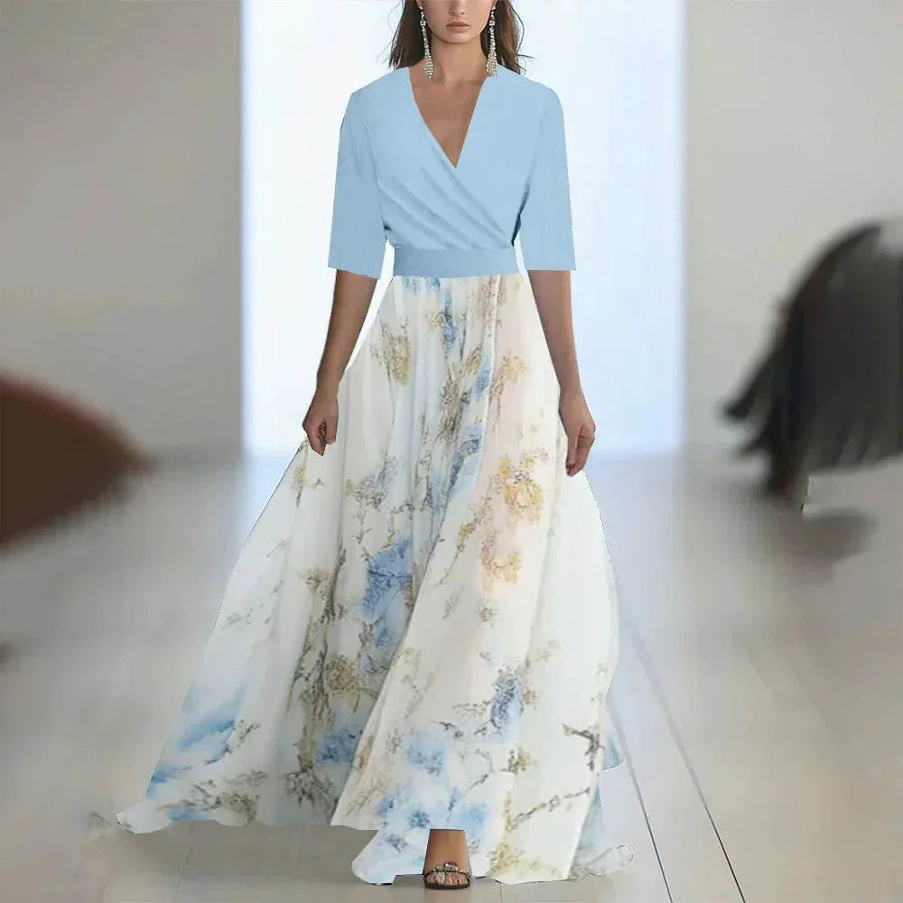 Floral Patchwork V-Neck Belted Maxi Dress - ZA-Zola